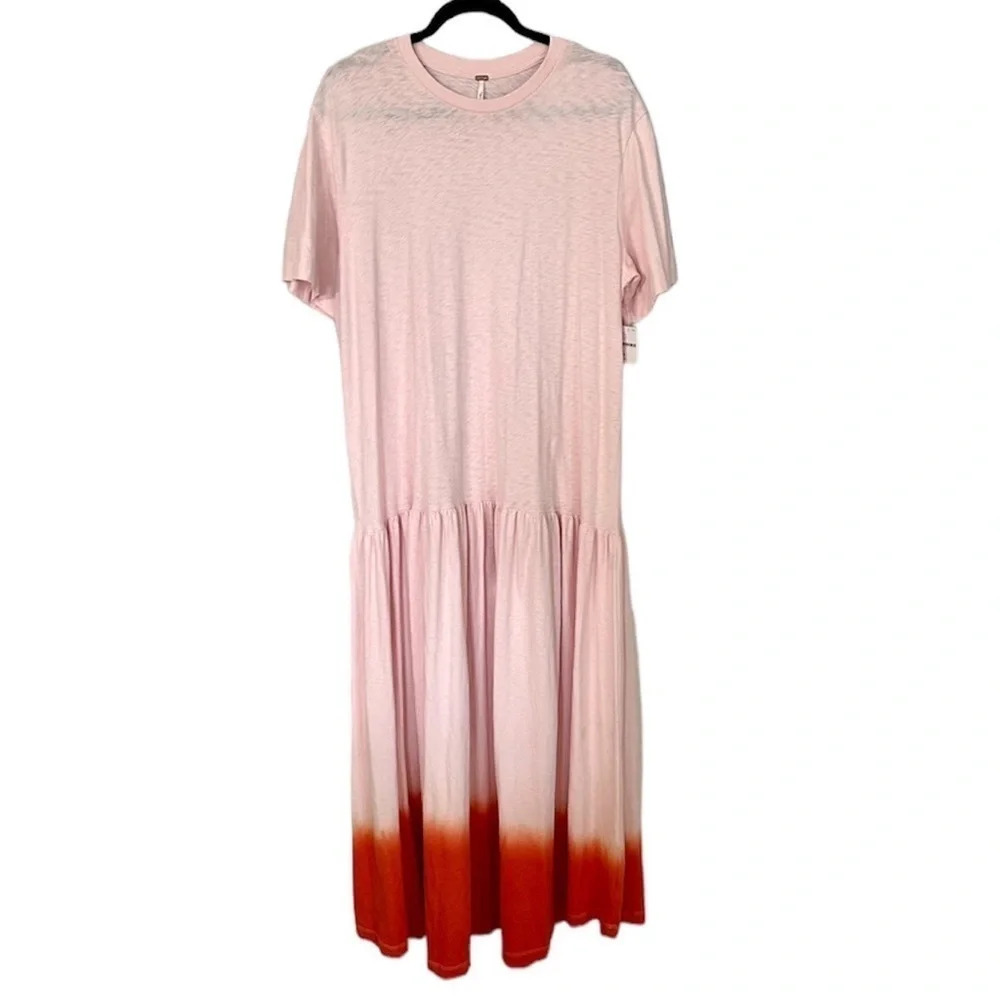 Free People Women's Cream & Pink/Orange Ombre Tiered Maxi Shirt Dress Sz M NWT